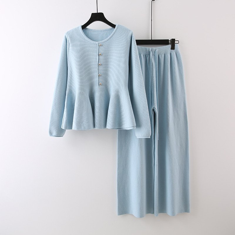 Boutique Wholesale 2024 Autumn New Fashionable High Waisted Design Slim Fit Sweater Knitted Wide Leg Pants Women's Set