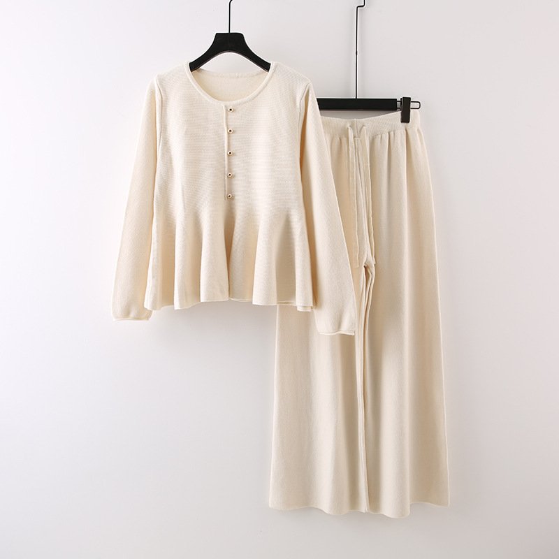 Boutique Wholesale 2024 Autumn New Fashionable High Waisted Design Slim Fit Sweater Knitted Wide Leg Pants Women's Set