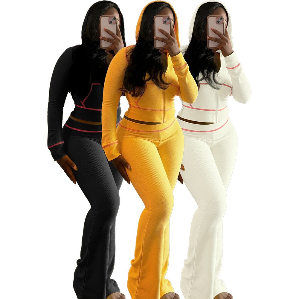Casual Solid Color Pocket Patchwork Zipper Long Sleeve Outfit Two Pieces Bodycon Hooded Flare Pant Women'S Sets