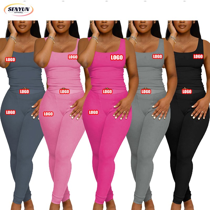 Wholesale Cotton Sexy Lounge Tights Custom Logo Outdoor High Quality Ribbed Two Piece Women Sleeveless Loungewear Women Sets