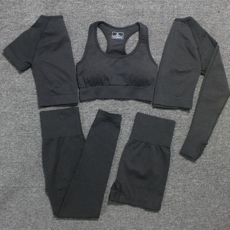 W253 Small Point Jacquard 6 Piece Yoga Sets Workout Nylon Spandex Outfits Yoga Clothing Sets Womens Sportswear Ribbed Gym Set