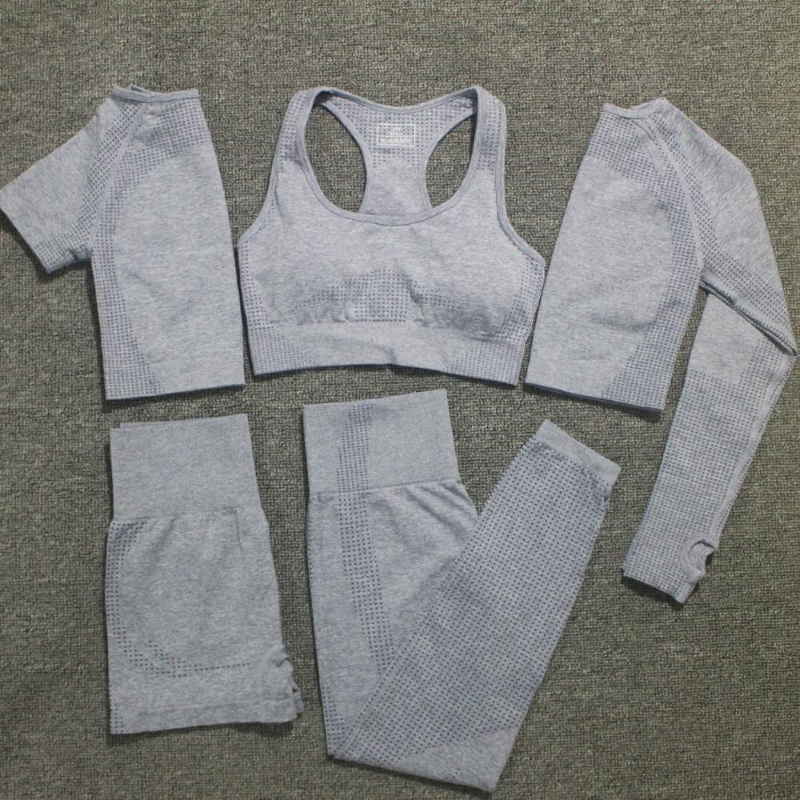W253 Small Point Jacquard 6 Piece Yoga Sets Workout Nylon Spandex Outfits Yoga Clothing Sets Womens Sportswear Ribbed Gym Set