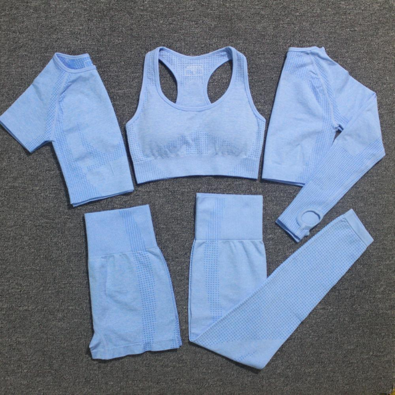 W253 Small Point Jacquard 6 Piece Yoga Sets Workout Nylon Spandex Outfits Yoga Clothing Sets Womens Sportswear Ribbed Gym Set