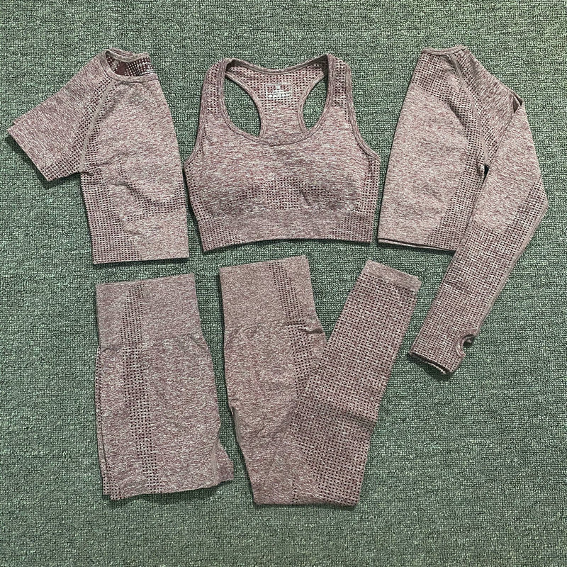 W253 Small Point Jacquard 6 Piece Yoga Sets Workout Nylon Spandex Outfits Yoga Clothing Sets Womens Sportswear Ribbed Gym Set