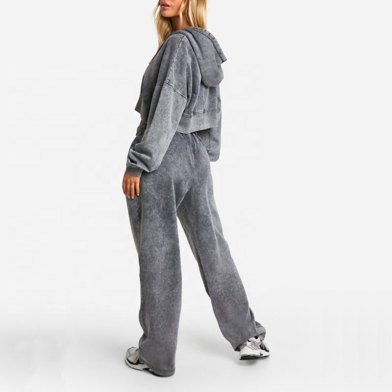 Hot Fashion Zip Up Hoodie Jogger Sweatsuit Customize Vintage Street Wear 2 Pieces Set Women Oversize Acid Wash Tracksuit