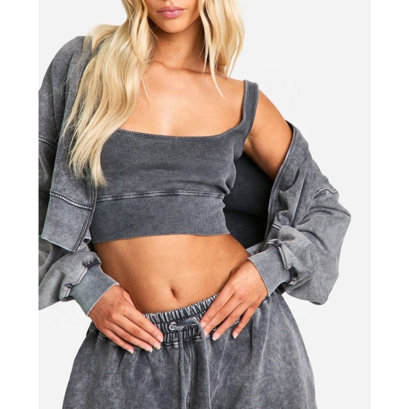 Hot Fashion Zip Up Hoodie Jogger Sweatsuit Customize Vintage Street Wear 2 Pieces Set Women Oversize Acid Wash Tracksuit