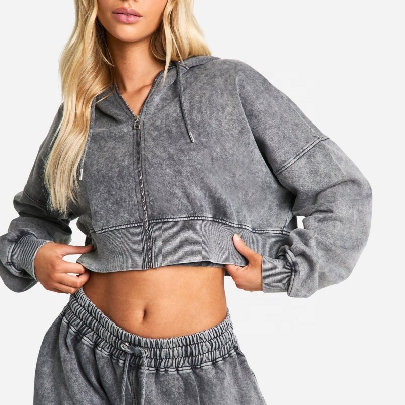 Hot Fashion Zip Up Hoodie Jogger Sweatsuit Customize Vintage Street Wear 2 Pieces Set Women Oversize Acid Wash Tracksuit