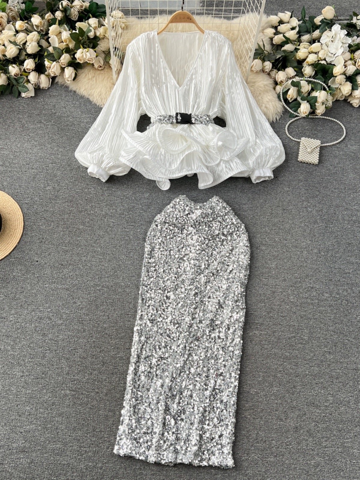 YUDI In Stock Women Skirt Set Women's Fashion Lantern Sleeve V-neck Ruffled Pleated Top High Waist Sequin Skirt Two Pieces Set
