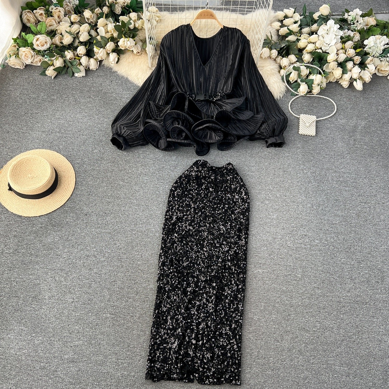 YUDI In Stock Women Skirt Set Women's Fashion Lantern Sleeve V-neck Ruffled Pleated Top High Waist Sequin Skirt Two Pieces Set