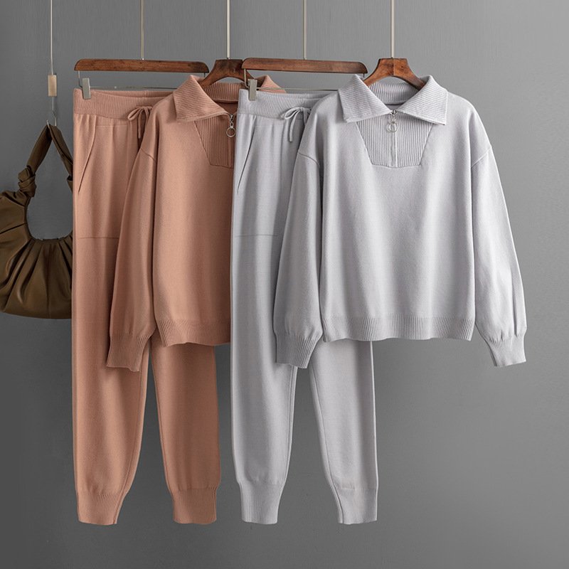 Autumn And Winter New Women's Knitting Set Loose Polo Collar Sweater Top And Pants Set Wide Leg Pants Two Piece Set For Ladies
