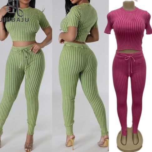 Sexy Knitted Ribbed 2 Two Piece Set Tracksuit Women Short Sleeve T Shirt+High Waist Leggings Matching Suits