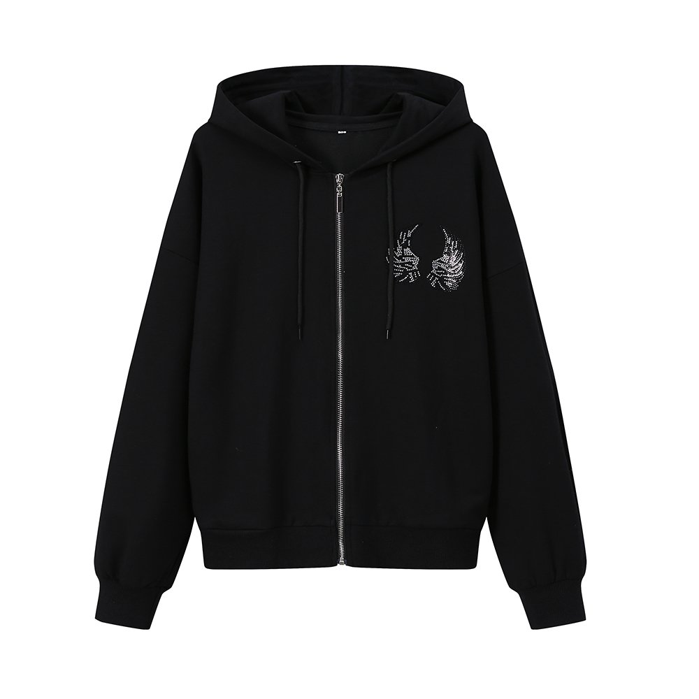 Luopeita Custom logo manufactured 100% cotton Unisex sweatshirt casual women's full zip hoodie rhinestone