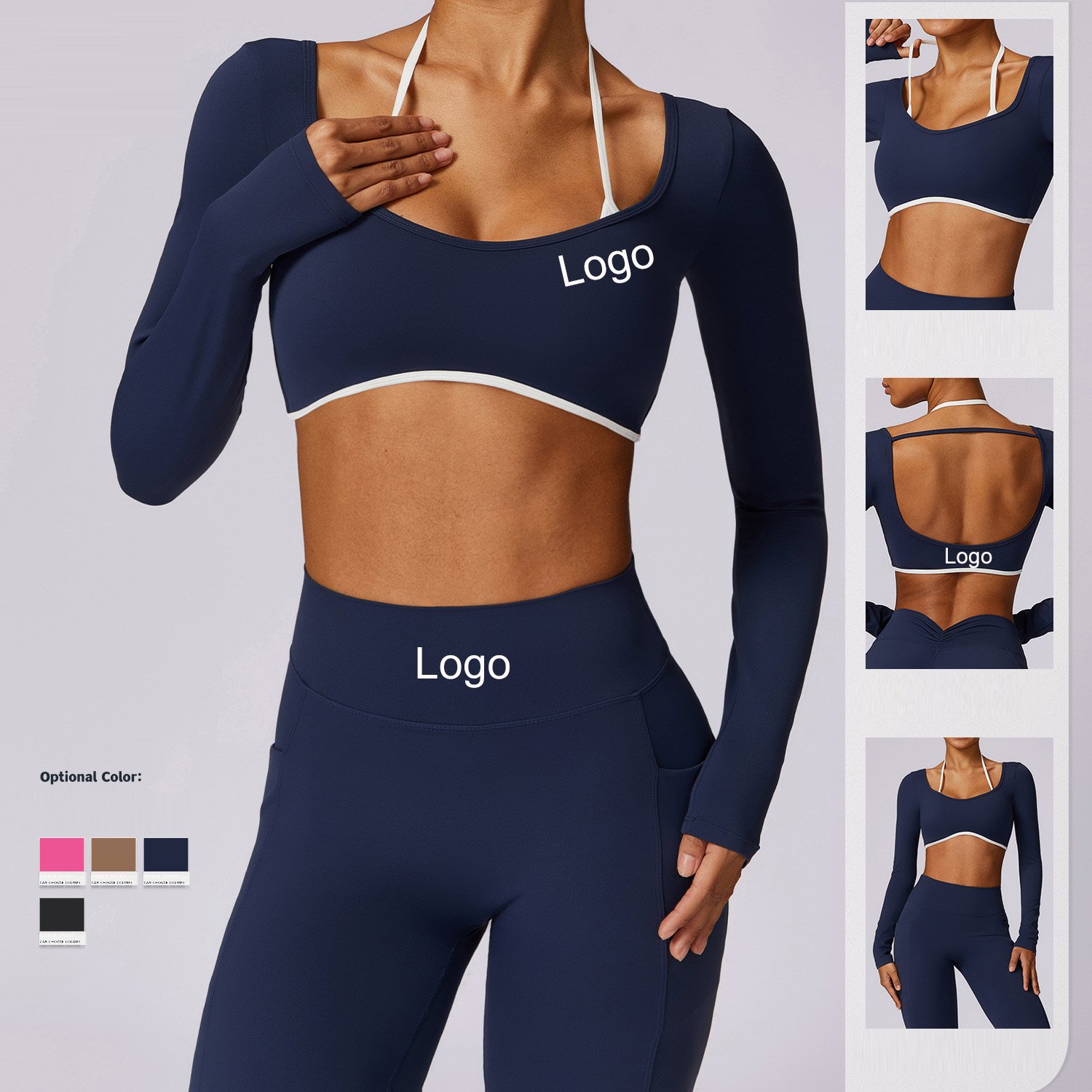 Custom Logo Long Sleeve Activewear Set Workout Scrunch Butt Leggings Womens Gym Sets Fashion Fitness Yoga Wear