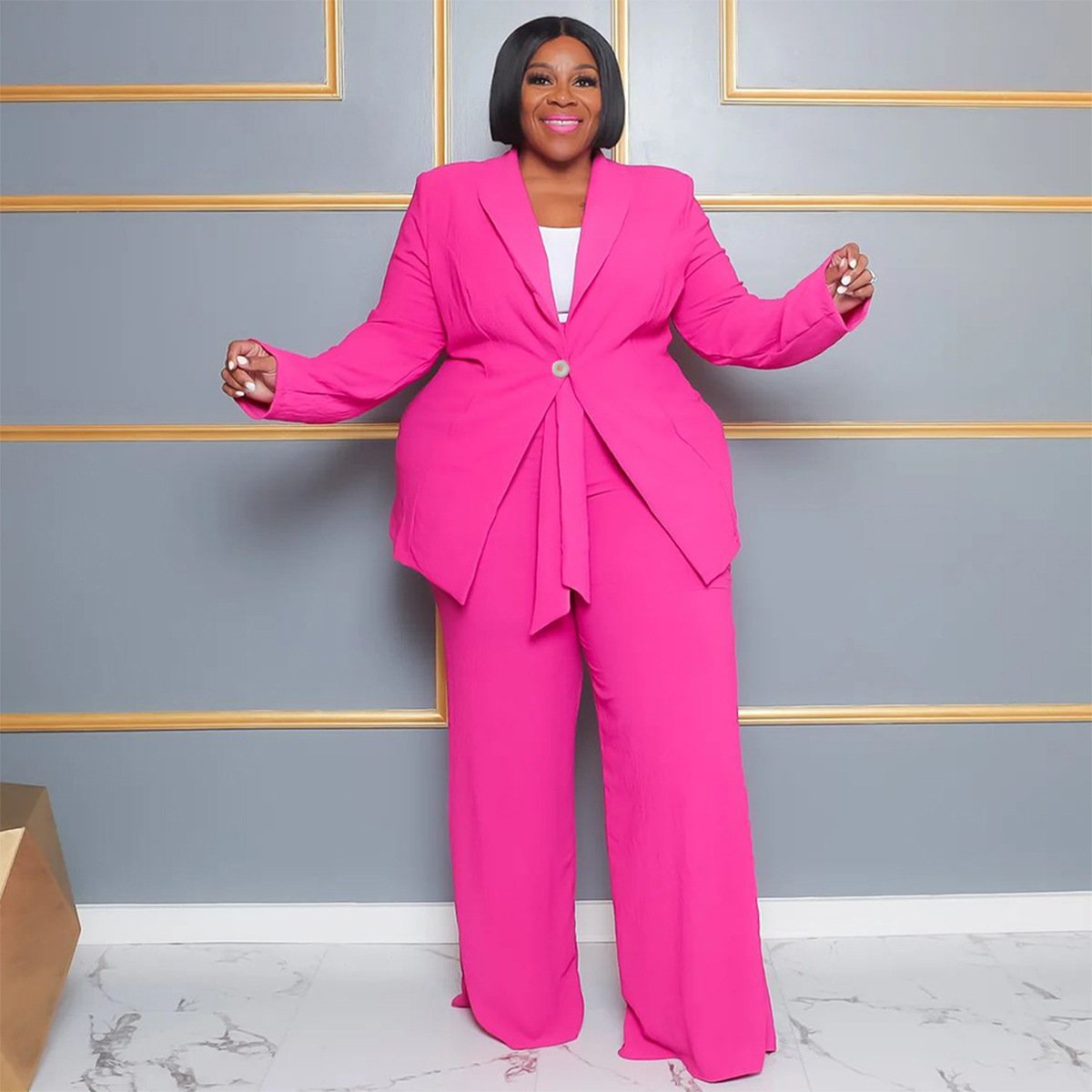 N7904 Plus Size Women's Clothing Ladies Office Wear Outfits Long Sleeve Blazer And Tie Up Pants Suits Set For Women