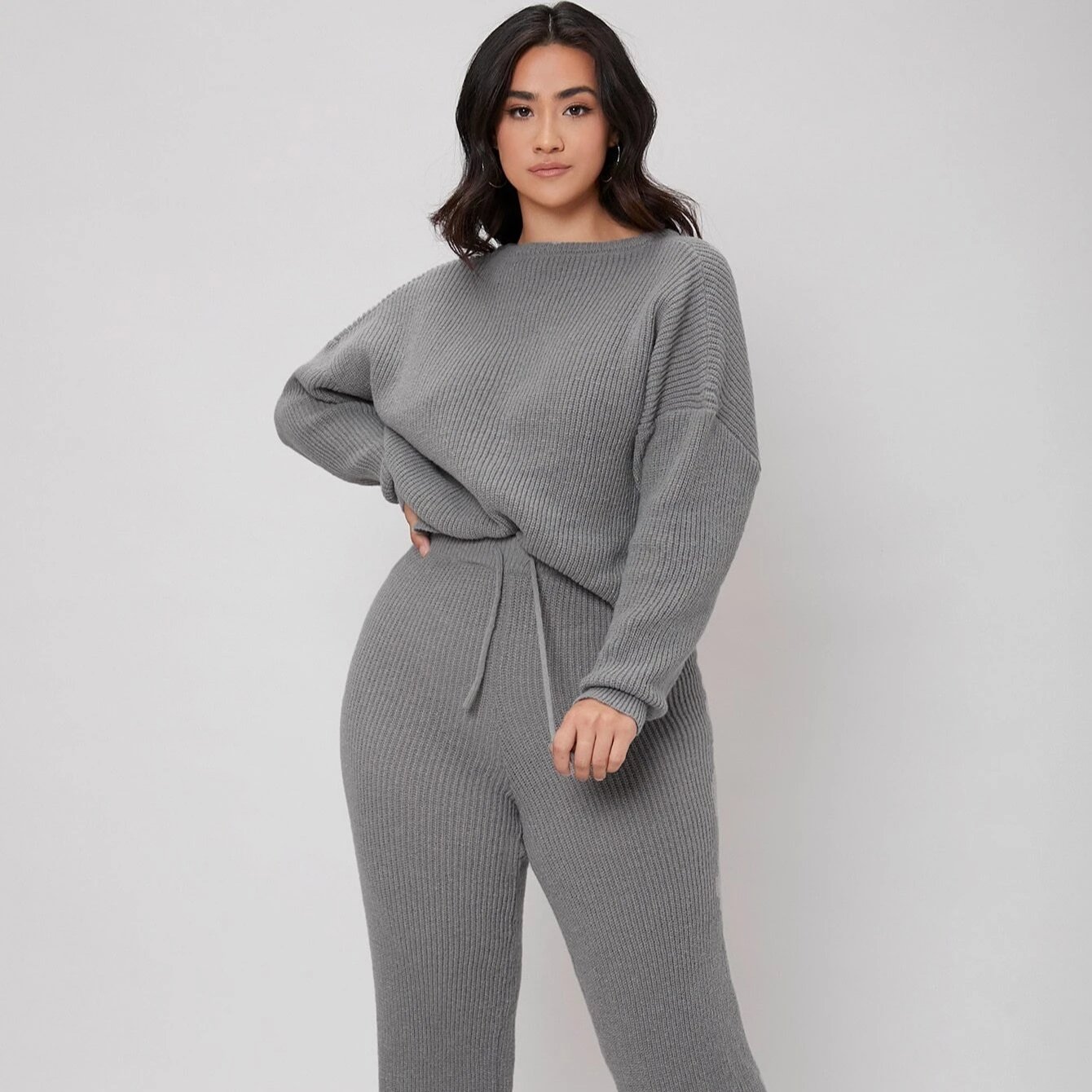 Custom LOGO OEM&ODM y2k clothing Casual Drop Shoulder Sweater & Drawstring knitted sweater Two Piece Sets Plus Size Women's Sets
