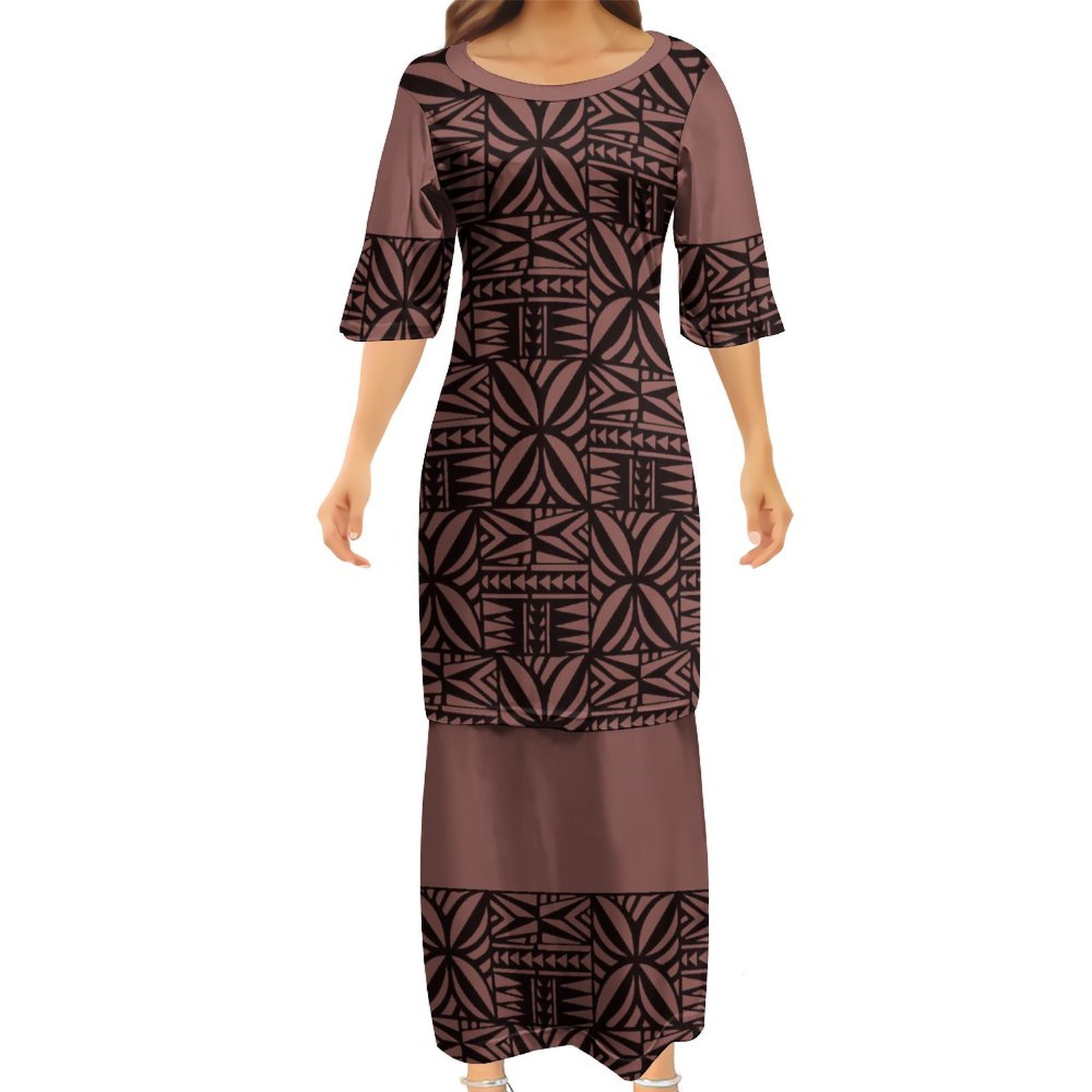 2023 New Arrivals Custom Polynesian Elei Tribal Design Samoan Puletasi Dress Black Ptaha Set Large Size Women's 2 Piece Dresses