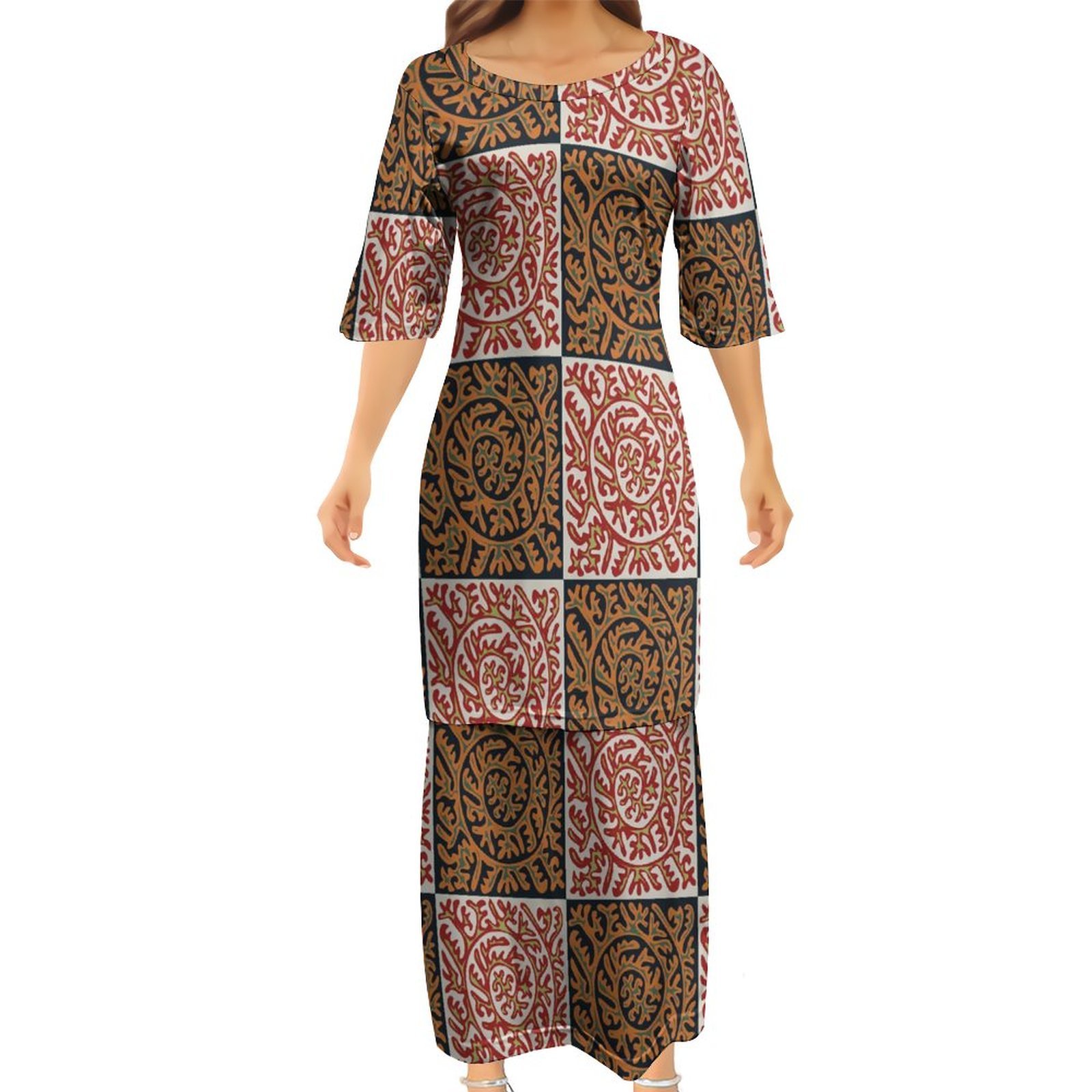 2023 New Arrivals Custom Polynesian Elei Tribal Design Samoan Puletasi Dress Black Ptaha Set Large Size Women's 2 Piece Dresses