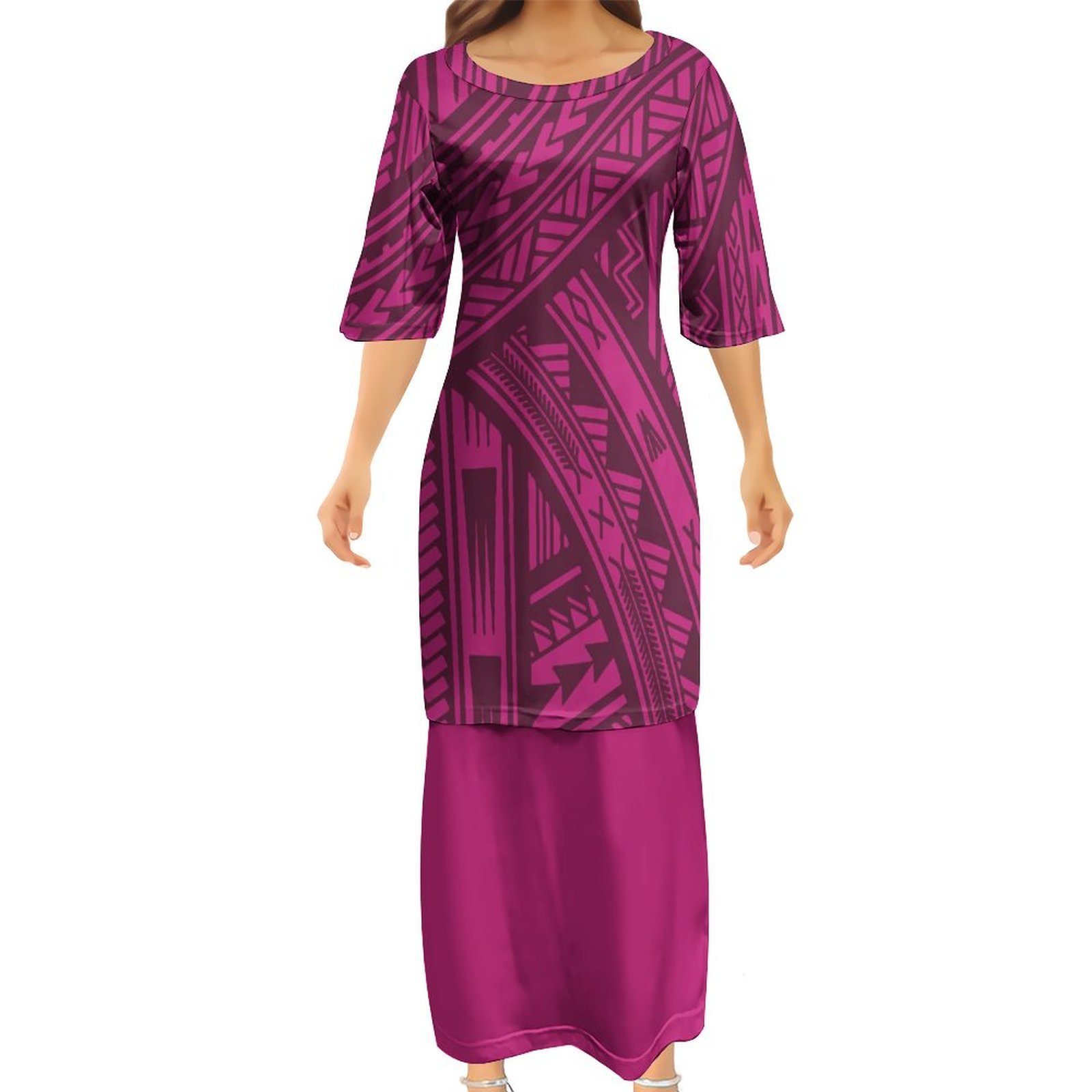 2023 New Arrivals Custom Polynesian Elei Tribal Design Samoan Puletasi Dress Black Ptaha Set Large Size Women's 2 Piece Dresses