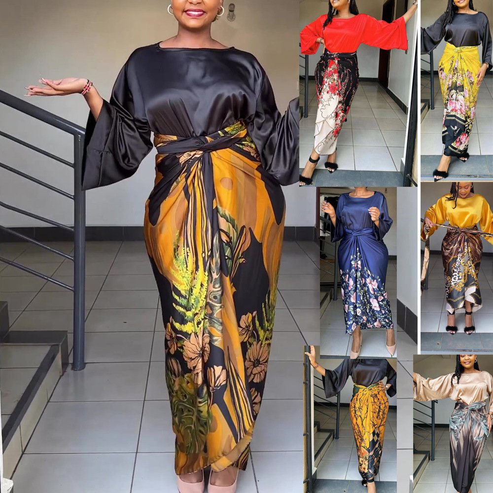 New women's fashion waist strap digital printing 2 piece set skirt temperament elegant dress set