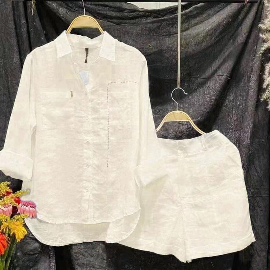 Liu Ming Wholesale 2024 Spring Autumn Women Casual Outfits Cotton Linen Solid Color Long Sleeve Shirt Short Shorts Two Piece Set