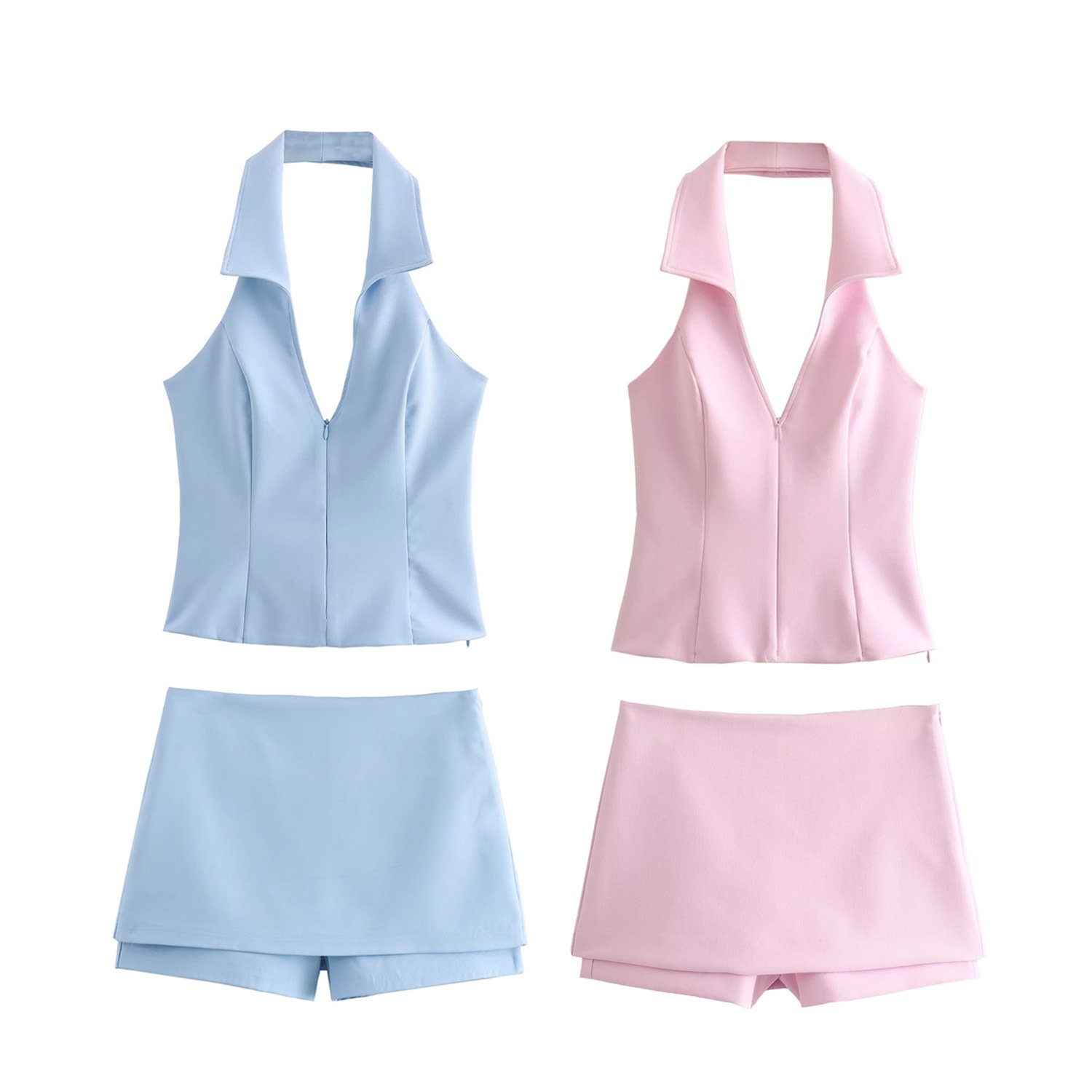New Sexy Hollow Out Casual Summer Women 2 Piece Halter Crop Top Biker Short Women Two Piece Skort Set Women's Sets