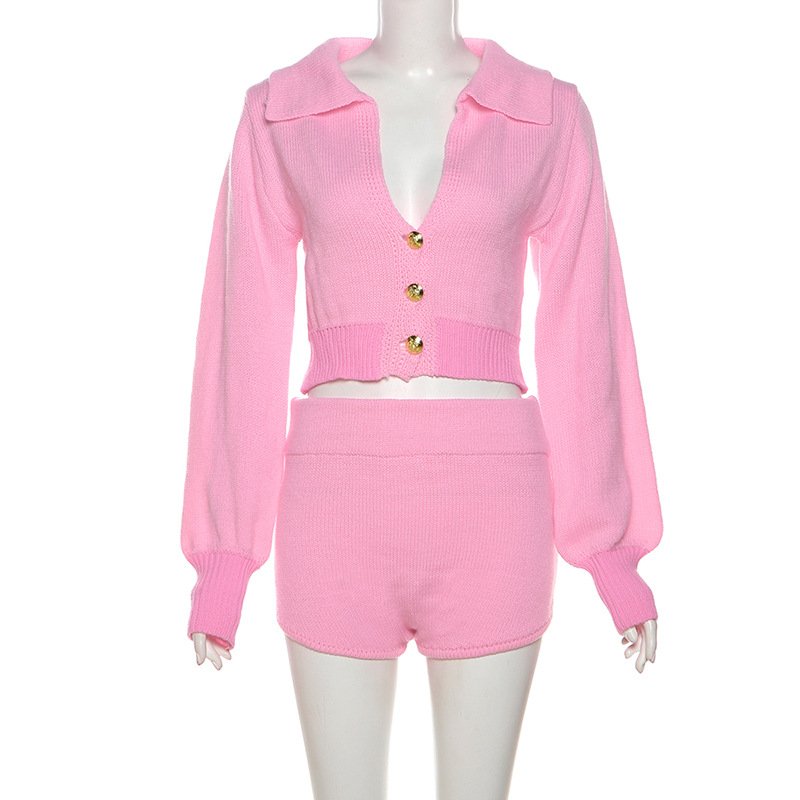 Fashion Spring Summer Fall Women Long Sleeve Solid Color Cardigan Sweaters Top Shirt And Knit Shorts Ladies Sweaters Set
