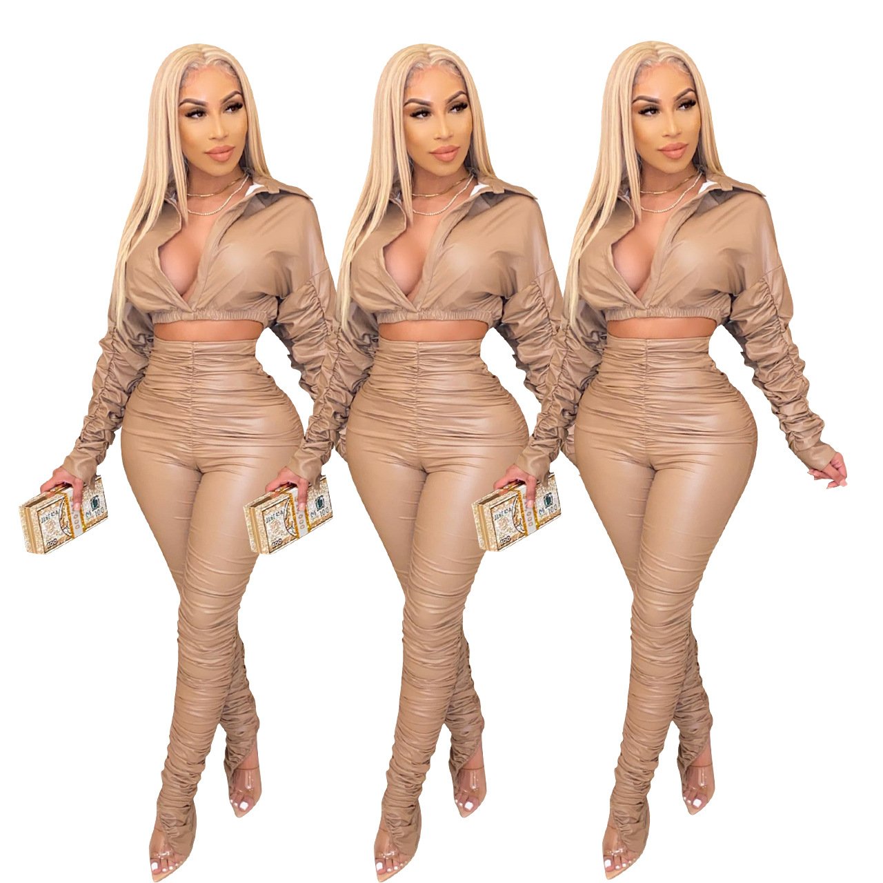 New Fall Arrivals Elastic Crop Top PU Leather Pants Women's Sets Jogger Set Tracksuits Two Piece Set for Women
