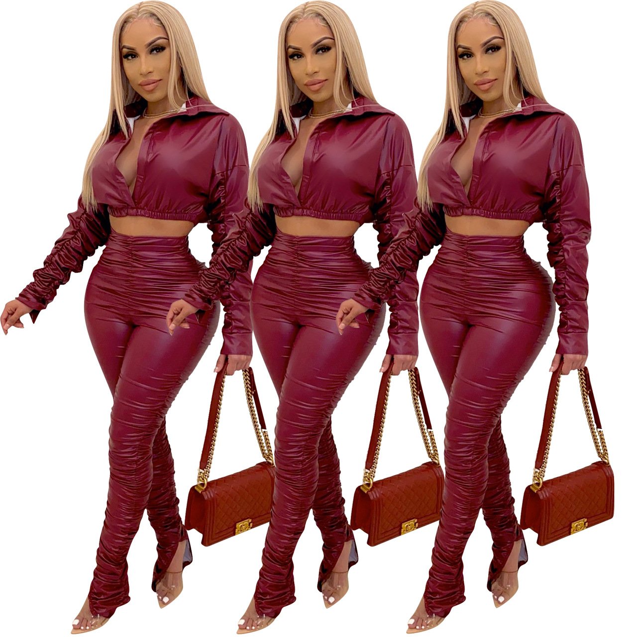 New Fall Arrivals Elastic Crop Top PU Leather Pants Women's Sets Jogger Set Tracksuits Two Piece Set for Women