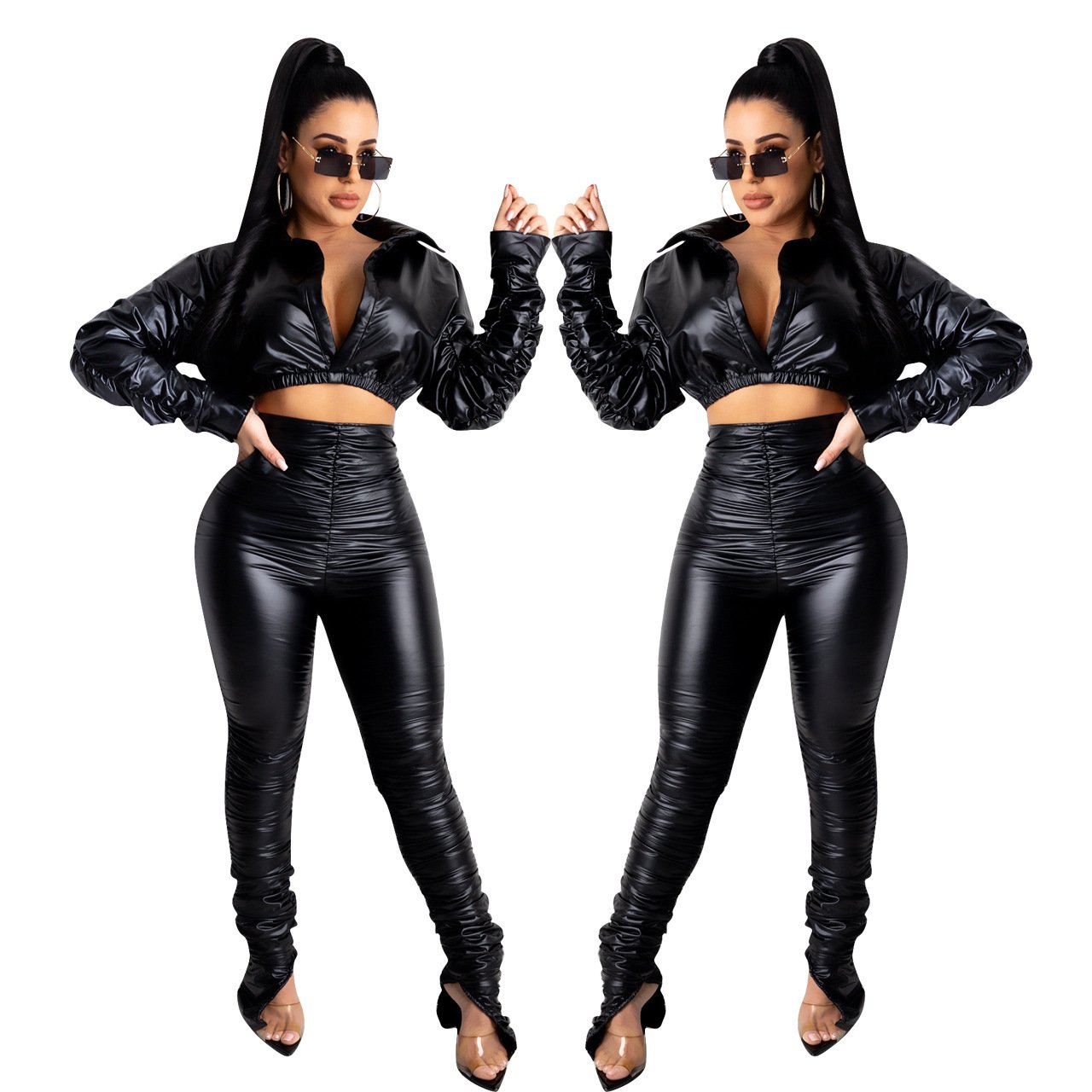 New Fall Arrivals Elastic Crop Top PU Leather Pants Women's Sets Jogger Set Tracksuits Two Piece Set for Women