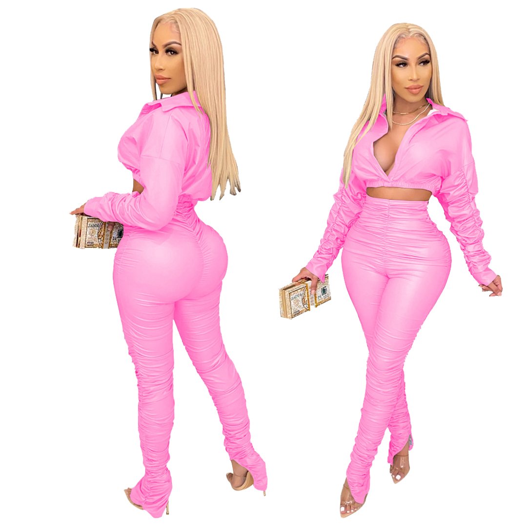 New Fall Arrivals Elastic Crop Top PU Leather Pants Women's Sets Jogger Set Tracksuits Two Piece Set for Women