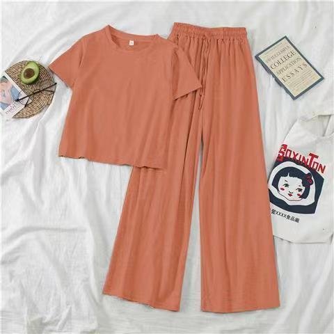 Casual 2-Piece Plus Size Women's Fashion Set Solid Pattern Cotton Blouse with V-Neck Collar and Wide Leg Linen Pants