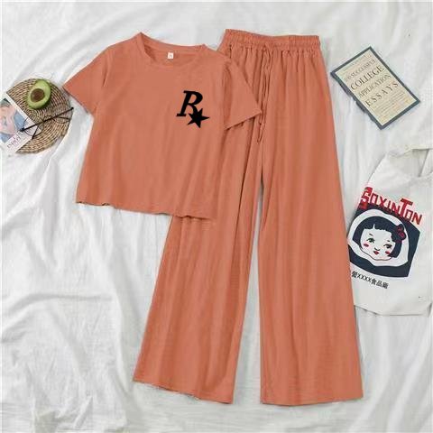Casual 2-Piece Plus Size Women's Fashion Set Solid Pattern Cotton Blouse with V-Neck Collar and Wide Leg Linen Pants