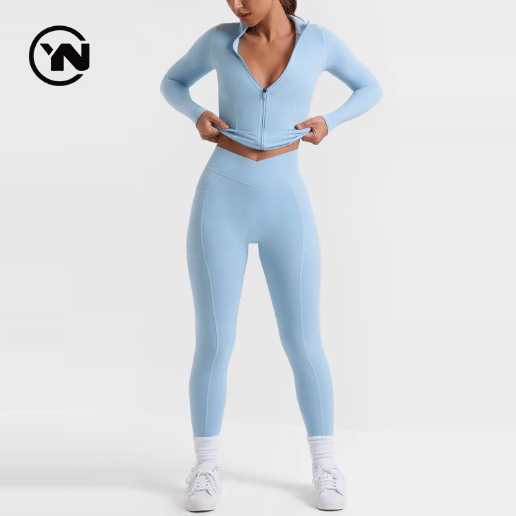 Women's Workout Clothes Quick Dry Compression Full Zip Sports Jackets High Waist Running Legging Set