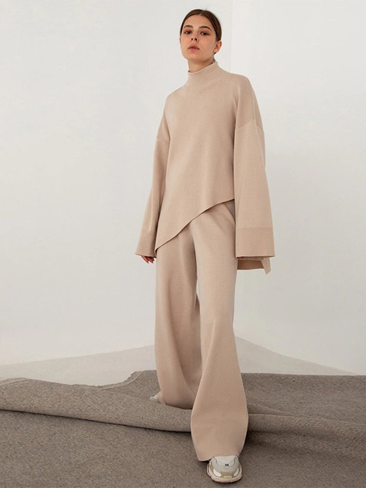 Custom Women Winter Long Loose Flat Knit Asymmetric Turtleneck Sweater Two Piece Wide Leg Pants Set