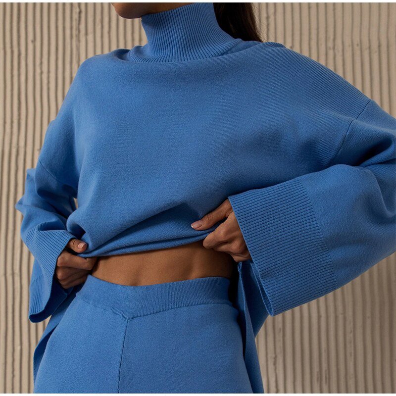 Custom Women Winter Long Loose Flat Knit Asymmetric Turtleneck Sweater Two Piece Wide Leg Pants Set