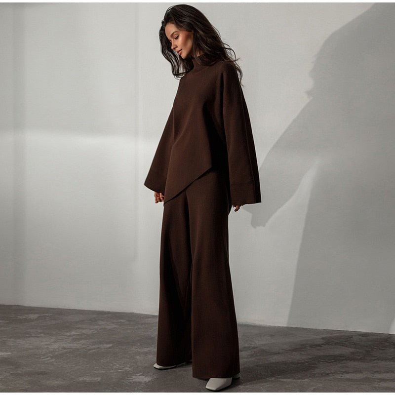Custom Women Winter Long Loose Flat Knit Asymmetric Turtleneck Sweater Two Piece Wide Leg Pants Set