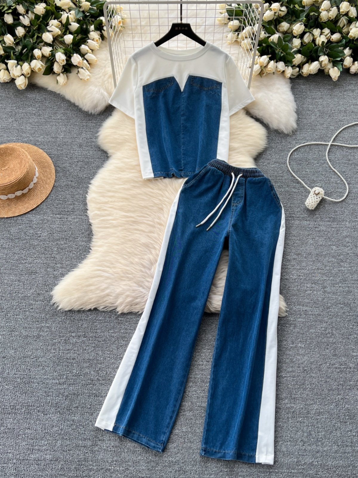 Boutique Wholesale 2024 Summer New Fashionable Splicing Cowboy T-shirt High Waist Casual Straight Pants Women's Set