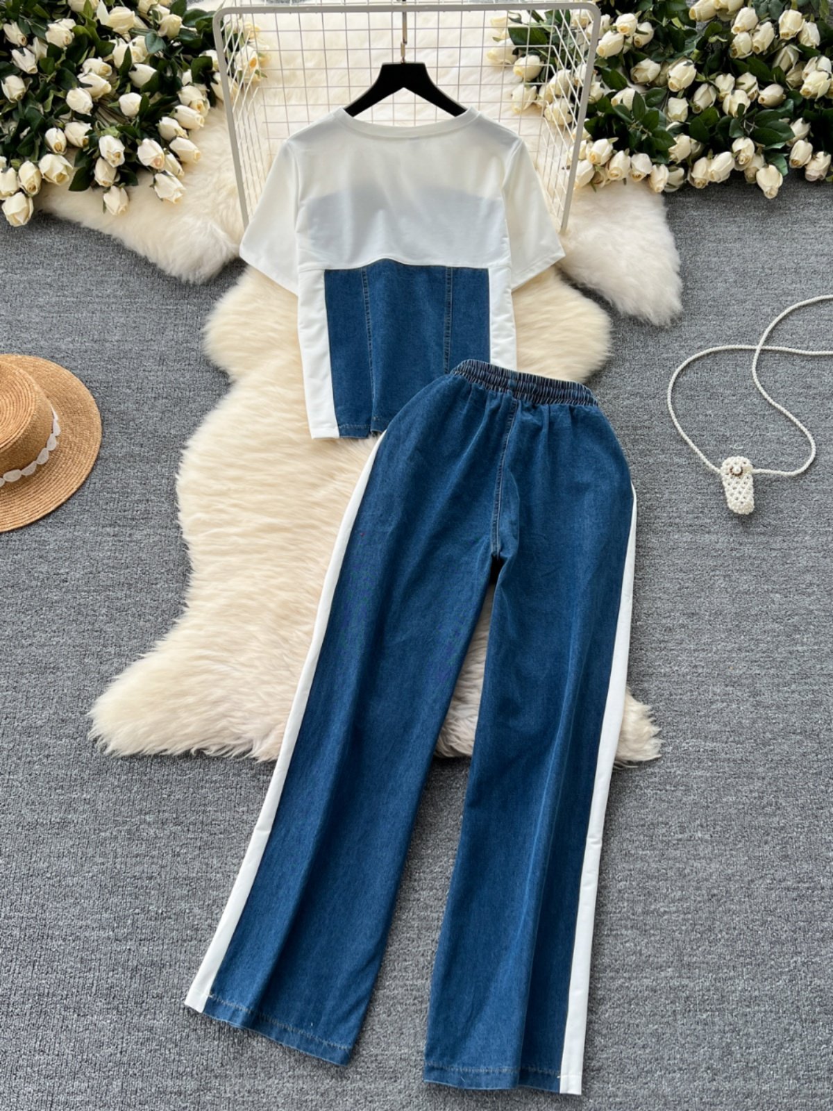 Boutique Wholesale 2024 Summer New Fashionable Splicing Cowboy T-shirt High Waist Casual Straight Pants Women's Set