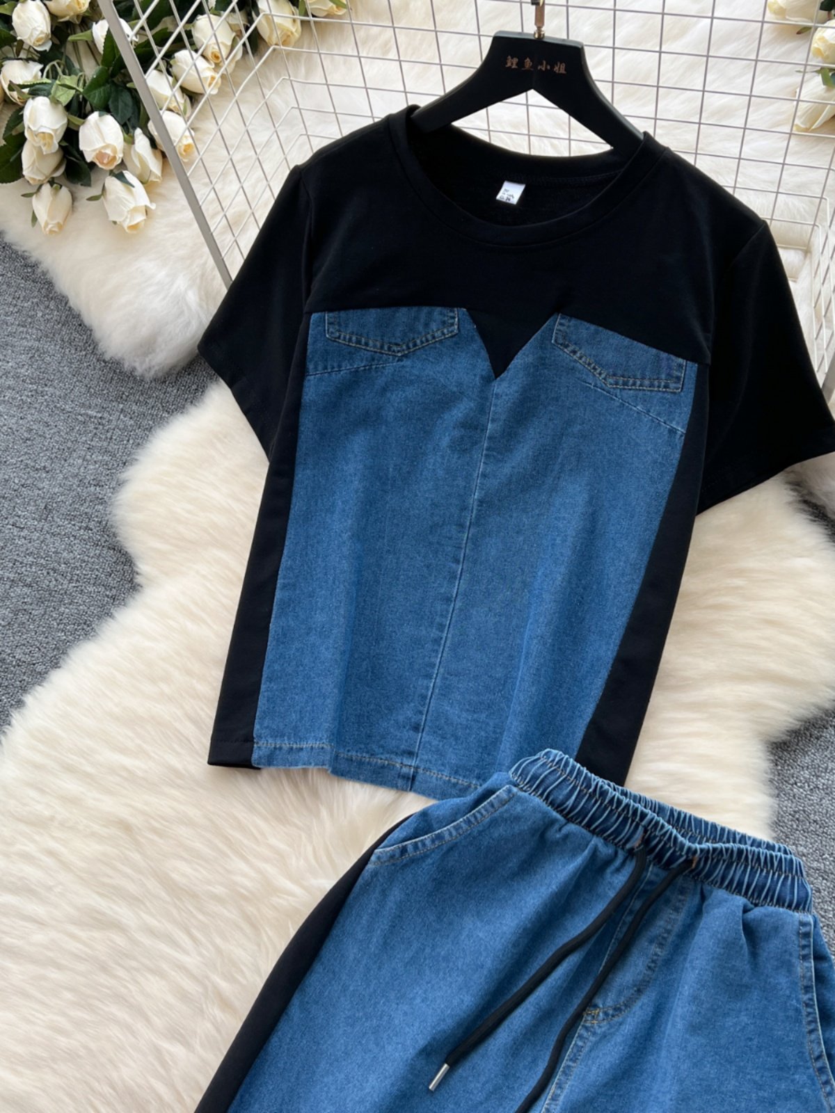 Boutique Wholesale 2024 Summer New Fashionable Splicing Cowboy T-shirt High Waist Casual Straight Pants Women's Set