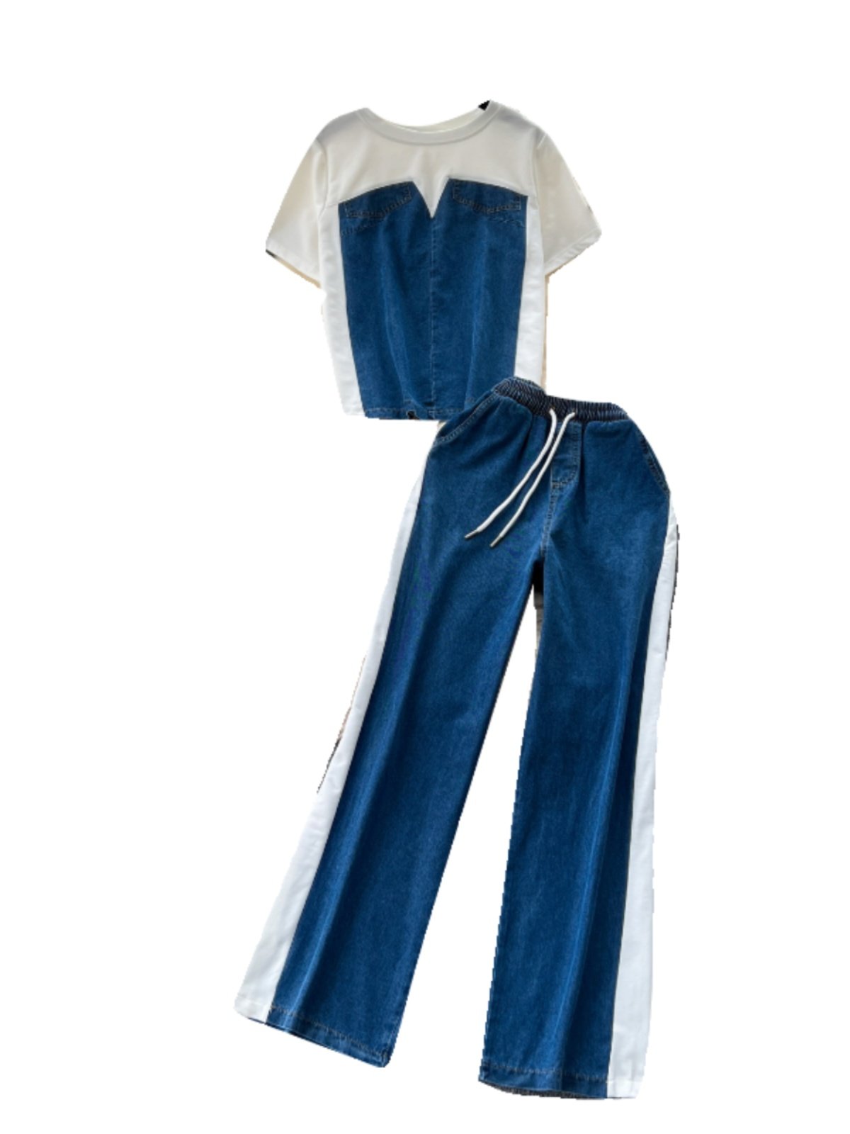 Boutique Wholesale 2024 Summer New Fashionable Splicing Cowboy T-shirt High Waist Casual Straight Pants Women's Set