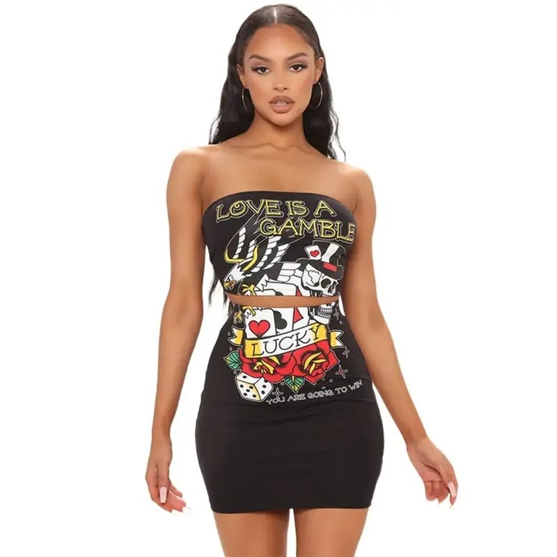 nightclub sexy backless wrap chest positioning printed two-piece suit set for women