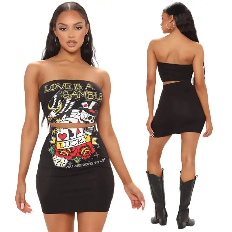 nightclub sexy backless wrap chest positioning printed two-piece suit set for women