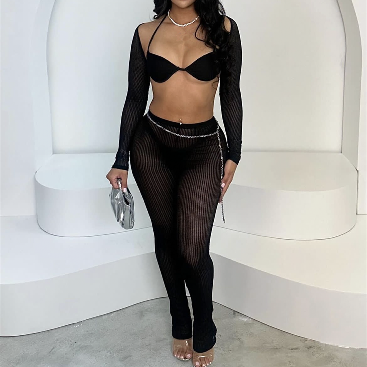 New Arrival Casual Solid Color Summer Hollow Out Three 3 Piece Pant Set Bra Lady Clothing Sexy Hot Set For Women Pants And Top