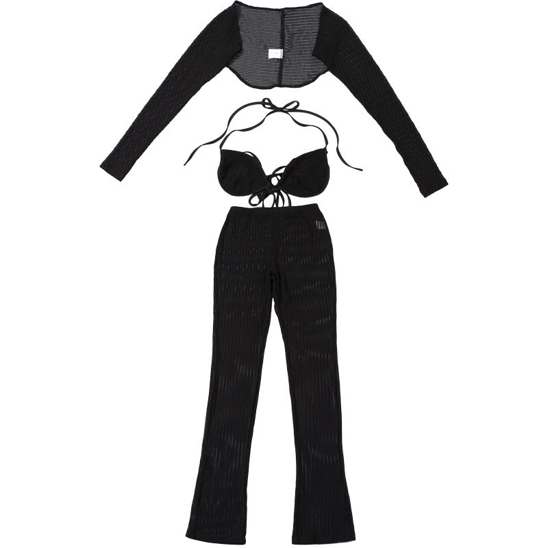 New Arrival Casual Solid Color Summer Hollow Out Three 3 Piece Pant Set Bra Lady Clothing Sexy Hot Set For Women Pants And Top
