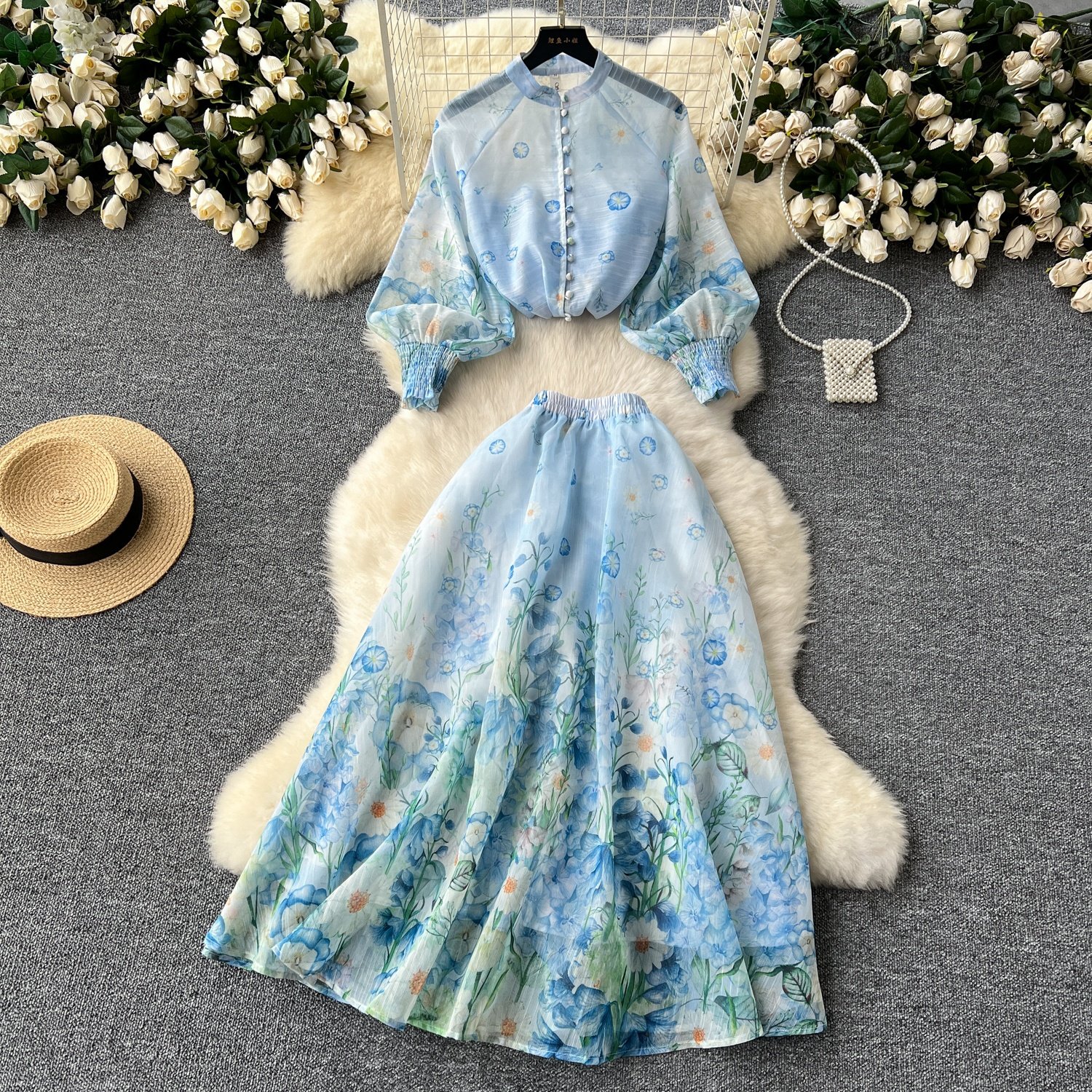 Wholesale 2024 Summer New Print Temperament Top Flower Pleated Skirt Long Skirt Two-piece Women's Set