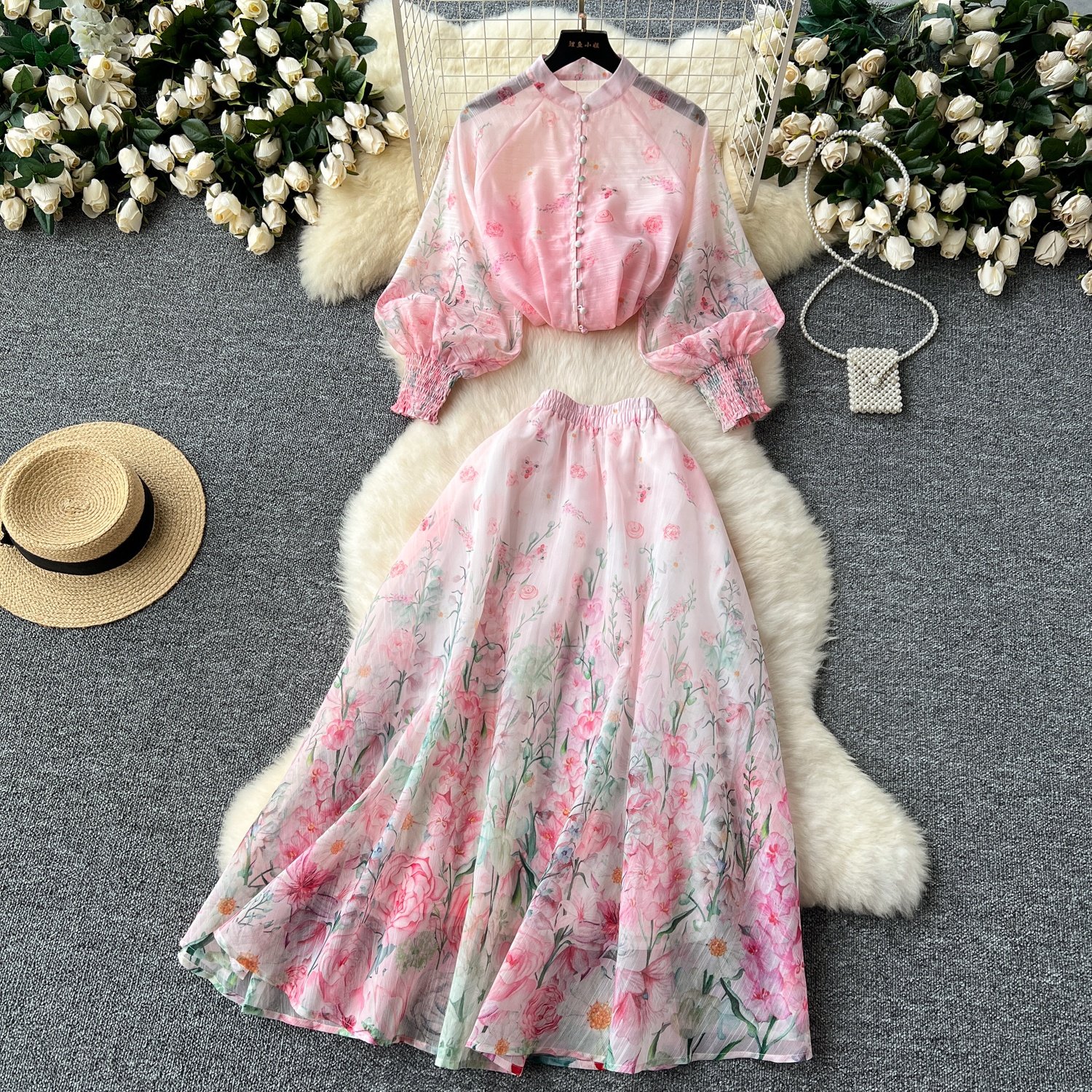 Wholesale 2024 Summer New Print Temperament Top Flower Pleated Skirt Long Skirt Two-piece Women's Set
