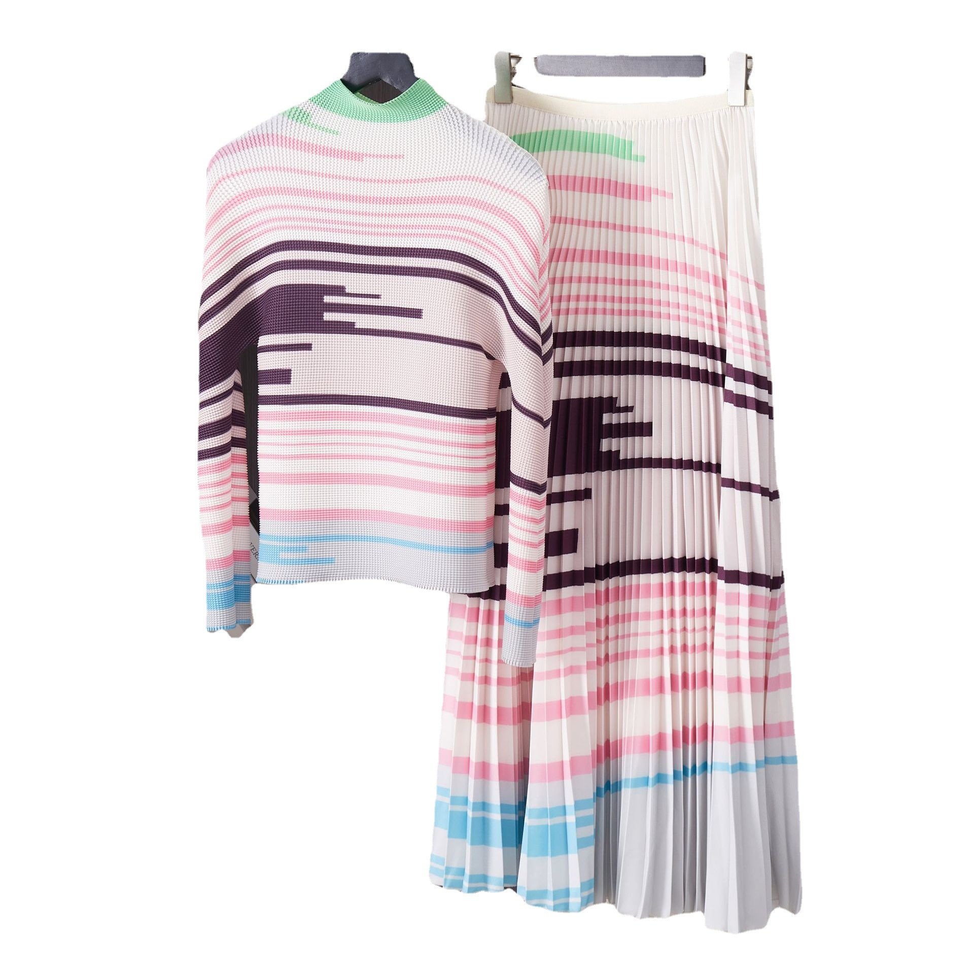 High Quality Woman Fashion Two Piece Sets Long Sleeve Pleated Stretch Elastic Top And Printed Pleated Skirt 2 Piece Set