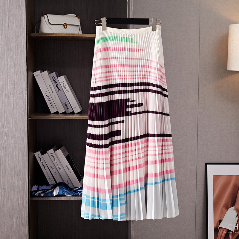 High Quality Woman Fashion Two Piece Sets Long Sleeve Pleated Stretch Elastic Top And Printed Pleated Skirt 2 Piece Set