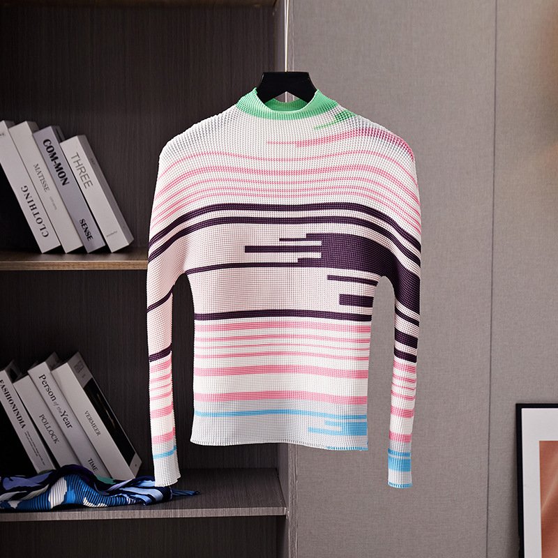High Quality Woman Fashion Two Piece Sets Long Sleeve Pleated Stretch Elastic Top And Printed Pleated Skirt 2 Piece Set