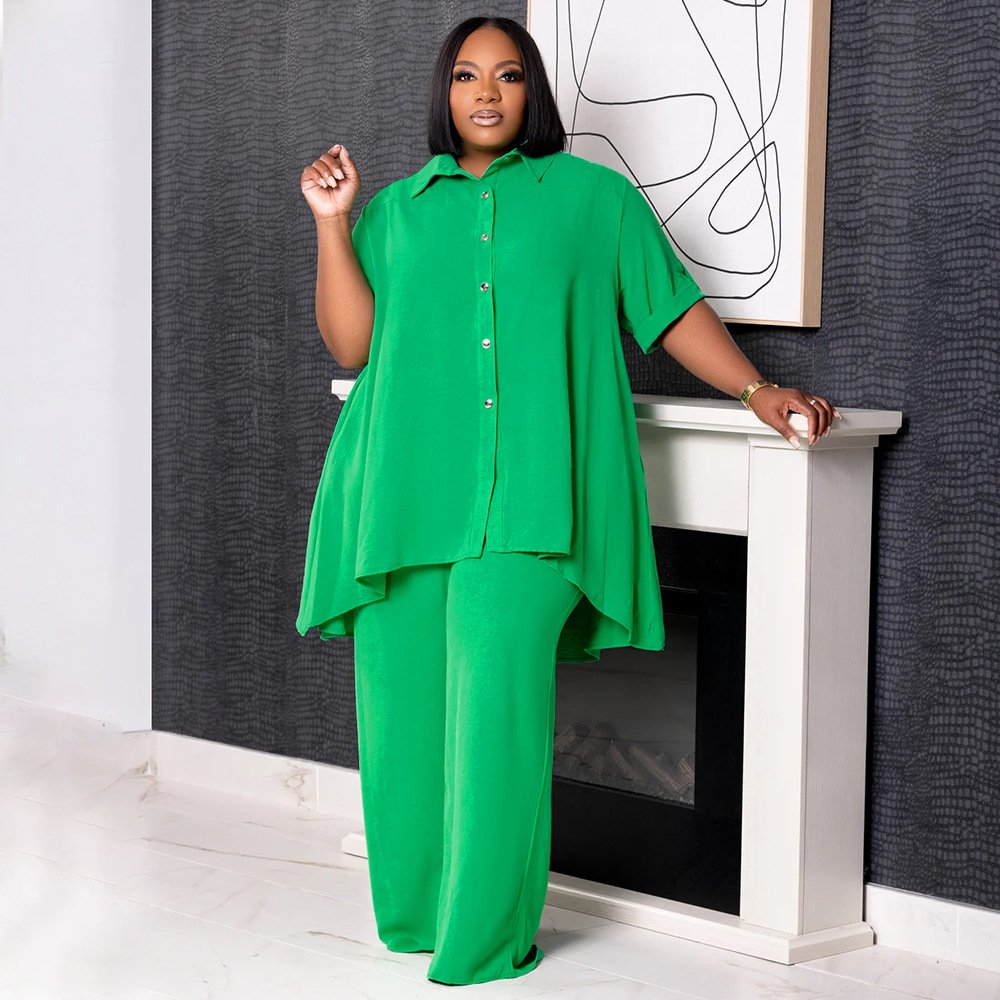 2024 new women plus size women's clothing Fashionable solid color short-sleeved top woven wide leg pants 2 piece set women